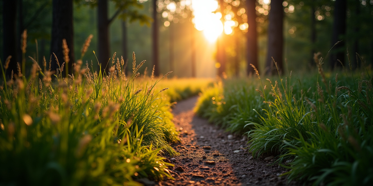 Wooded trail edge at golden hour with tall grass and low sun through trees, typical Westchester lone star tick habitat