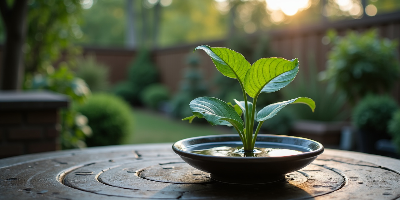 Backyard patio with a shallow plant saucer holding standing water, midday overcast light