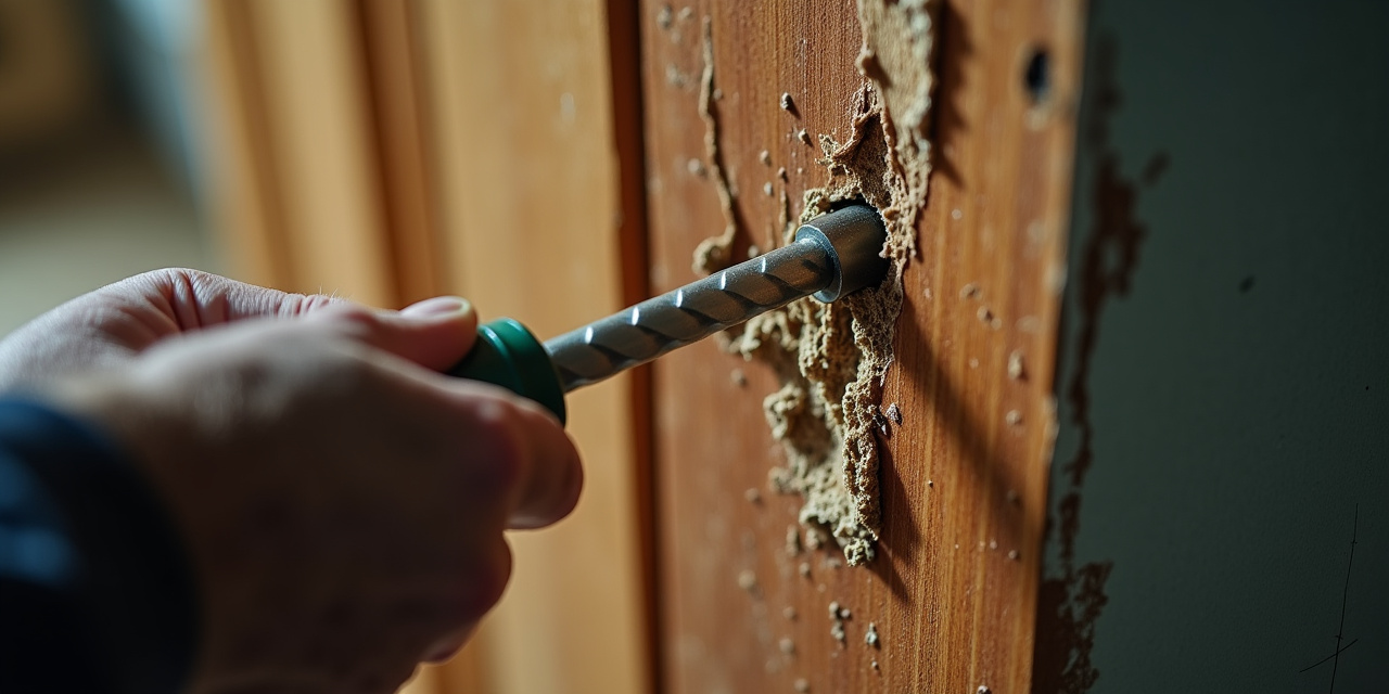 Carpenter ant frass pile below a basement rim joist entry hole, with probe screwdriver showing soft wood, a typical discovery during professional inspection in Westchester