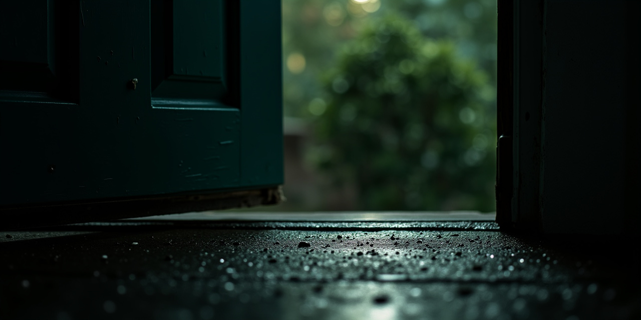 Earwig near a damp exterior door threshold at dusk, lit by porch light