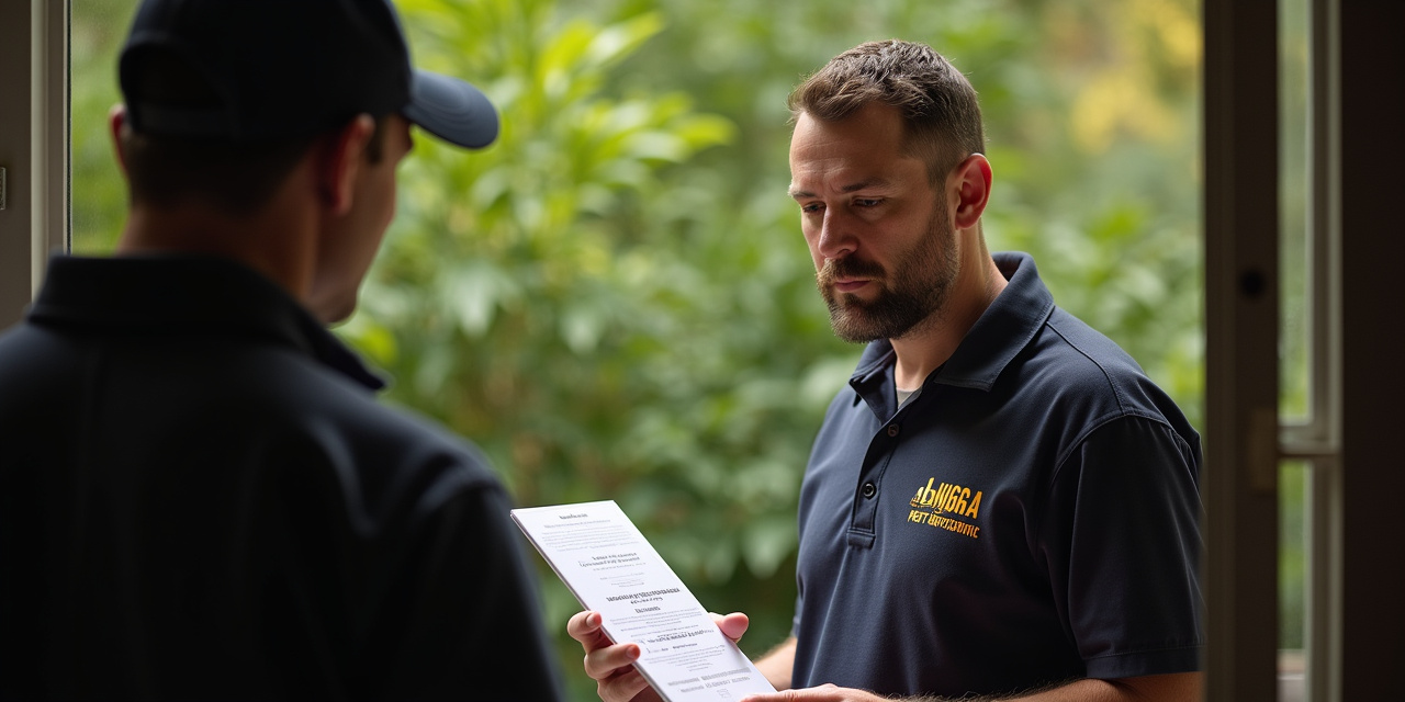 Close-up of a written pest control service agreement showing product name, visit schedule, and guarantee terms, the elements of a complete professional quote