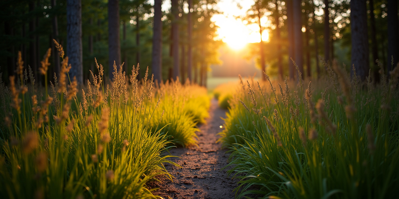 Wooded trail edge with tall grass bordering a path at golden hour, the kind of edge habitat where deer ticks wait for a host