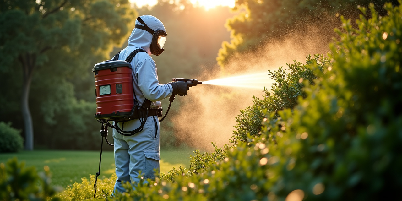 Technician applying barrier spray to dense shrub beds along a Westchester backyard fence line