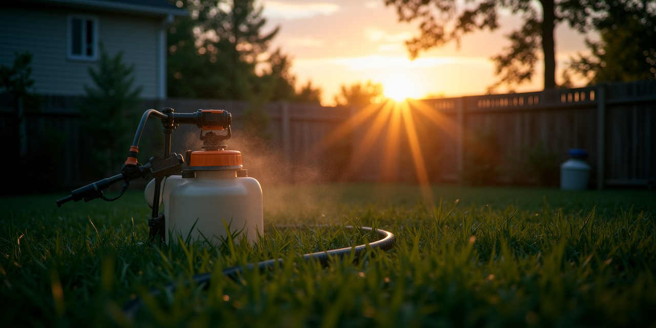 Backyard at dusk with the silhouette of pest control sprayer equipment, suggesting barrier treatment timing before mosquito season peaks