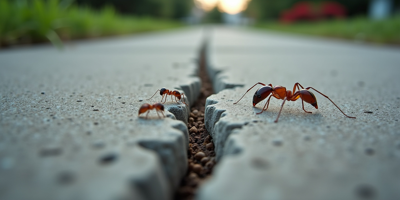 Pavement ant mounds visible in cracks of a concrete driveway near a home foundation