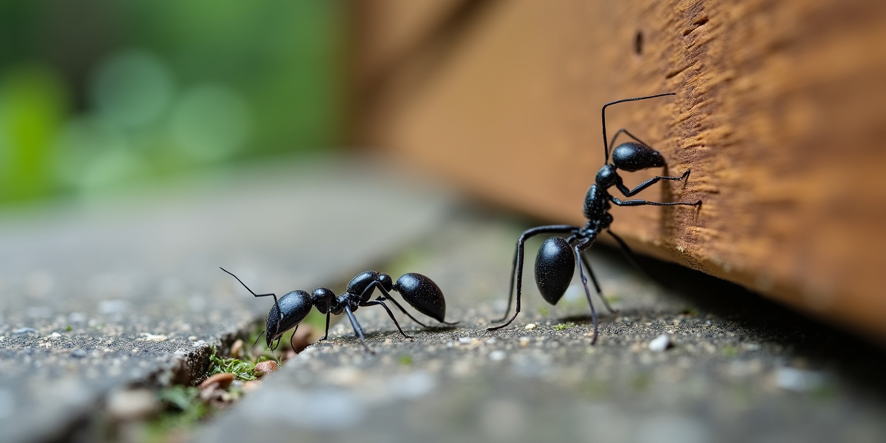 Small dark pavement ants in a driveway crack next to a large black carpenter ant on wood siding, size comparison