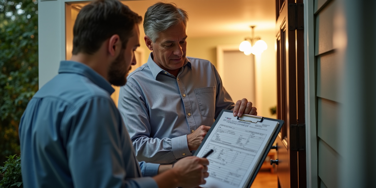 Pest control technician reviewing service invoice with Westchester County homeowner at front door