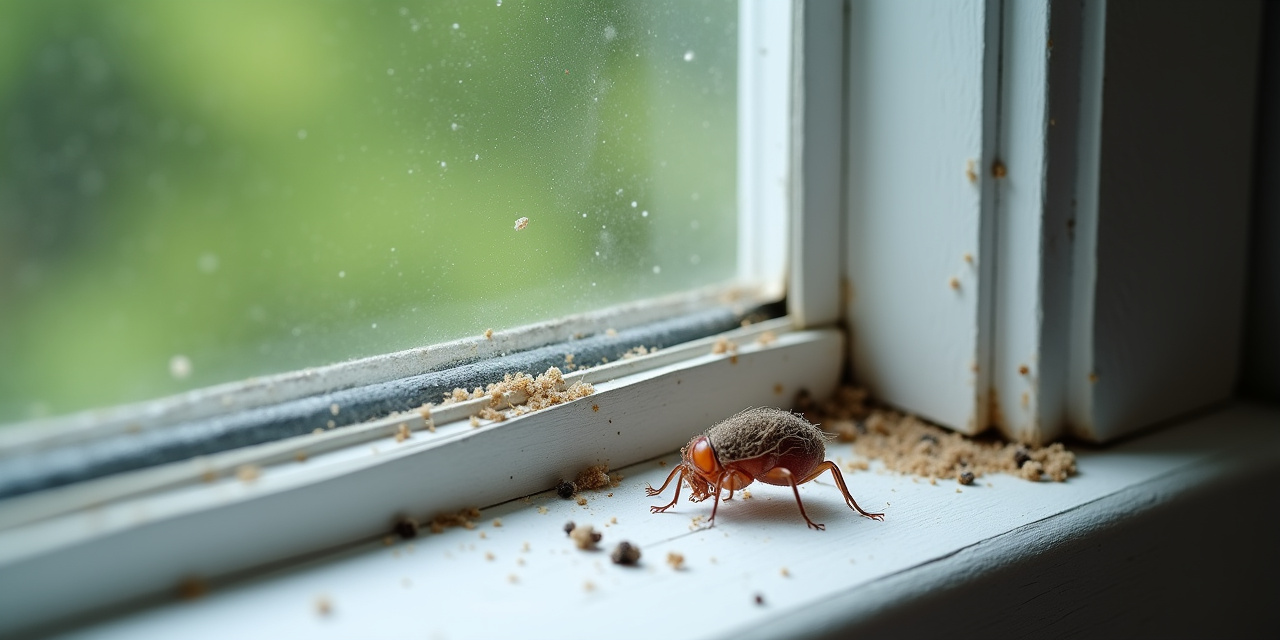 Collection of pest evidence: rodent grease marks along a baseboard and cockroach egg case in a cabinet corner