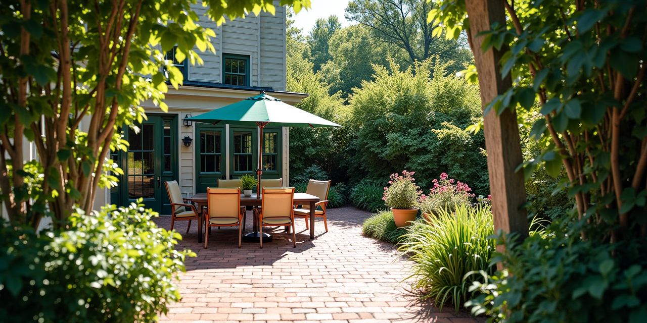 Bright midday sun over a Westchester backyard patio with outdoor furniture, potted plants, and a mowed lawn bordering the tree line
