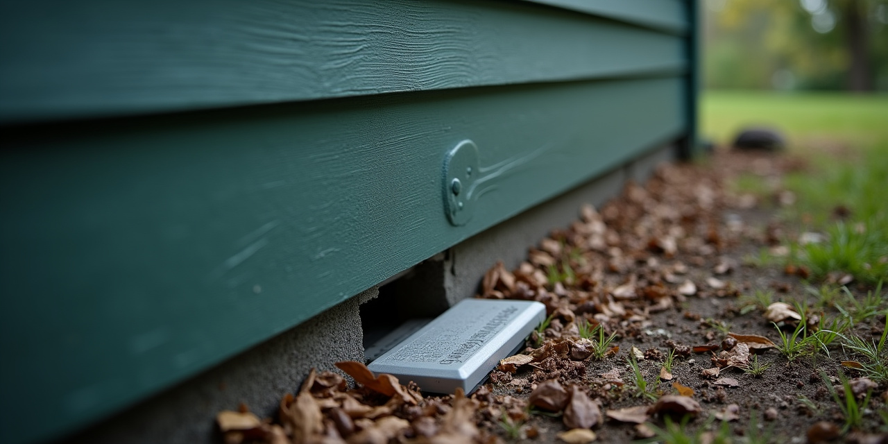 Exterior utility gap or vent cover on a Westchester home foundation, midday overcast light