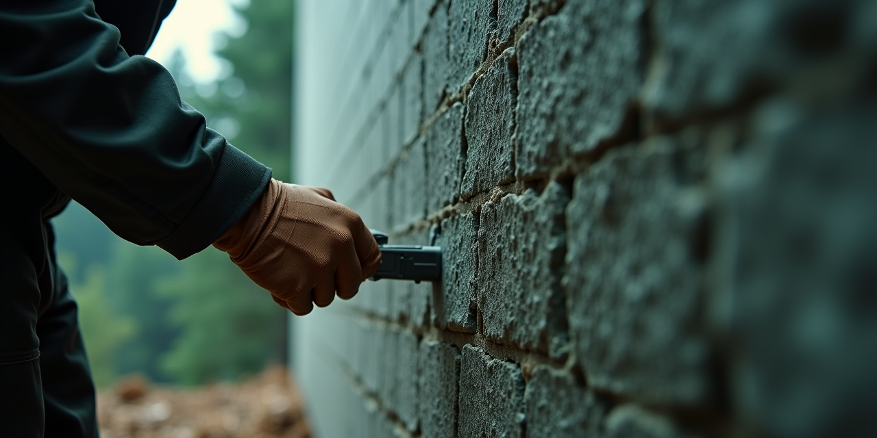 Pest control technician inspecting a home foundation wall for termite mud tubes in overcast daylight