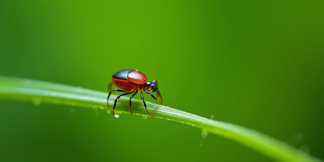 Extreme macro photo of a poppy-seed sized deer tick nymph on a blade of grass at a wooded yard edge