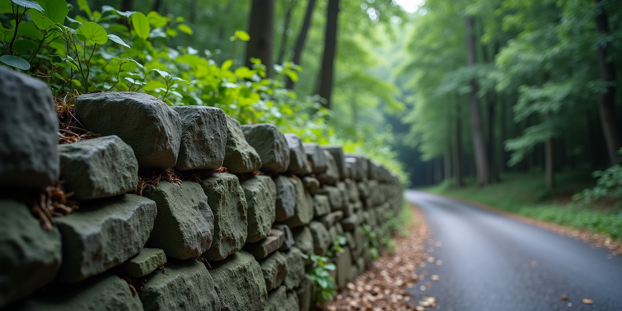 Bronxville stone wall property line with wooded edge, overcast daylight