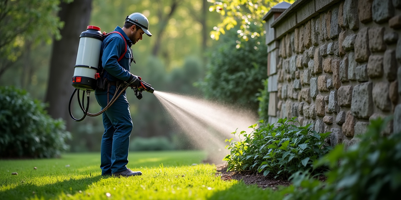 Pest control technician applying tick spray treatment along a wooded edge in a Scarsdale backyard