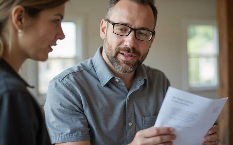 Home buyer reviewing WDI inspection findings with a board certified entomologist at a Westchester property