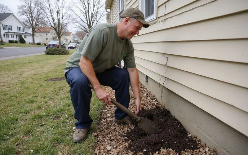 Homeowner clearing mulch away from foundation wall in preparation for pre-sale pest inspection