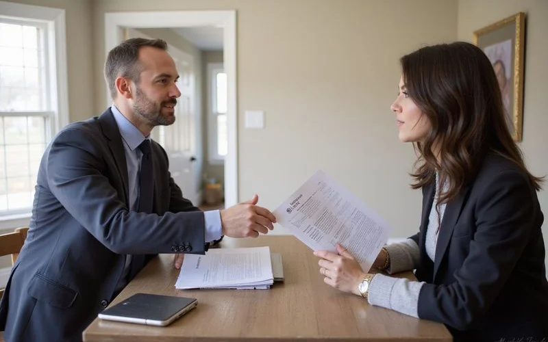 Realtor reviewing an NPMA-33 WDI inspection report with clients at a Westchester County home
