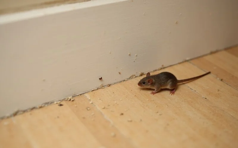 Rodent droppings found along a baseboard in a Westchester County kitchen during a professional inspection