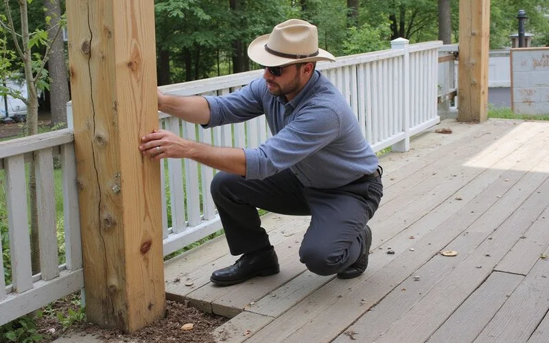 Seller addressing wood-to-soil contact issue at a deck post before listing a Westchester County home