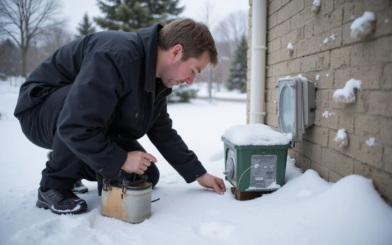 Technician inspecting rodent bait stations around a snow covered Westchester County home in winter
