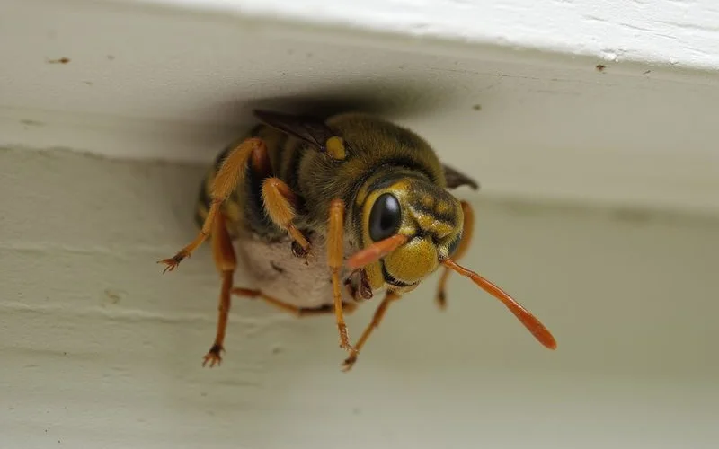 Wasp nest under the eave of a residential home in Westchester County during peak summer season