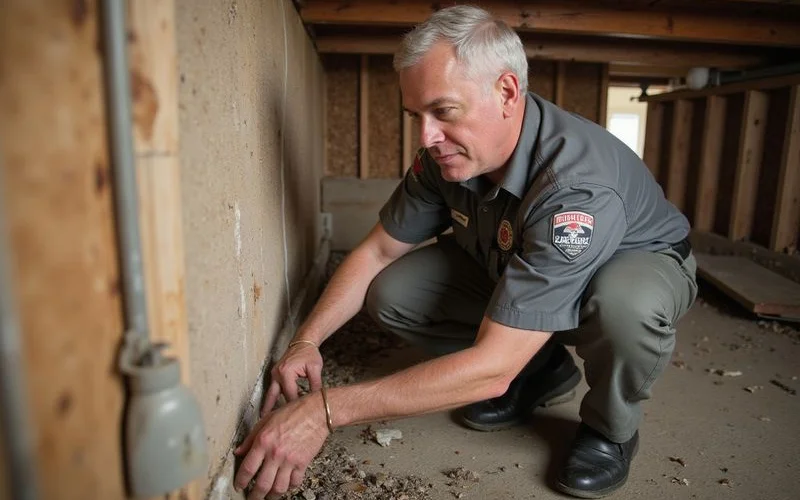 WDI inspector examining basement foundation wall and joists for wood destroying insect evidence