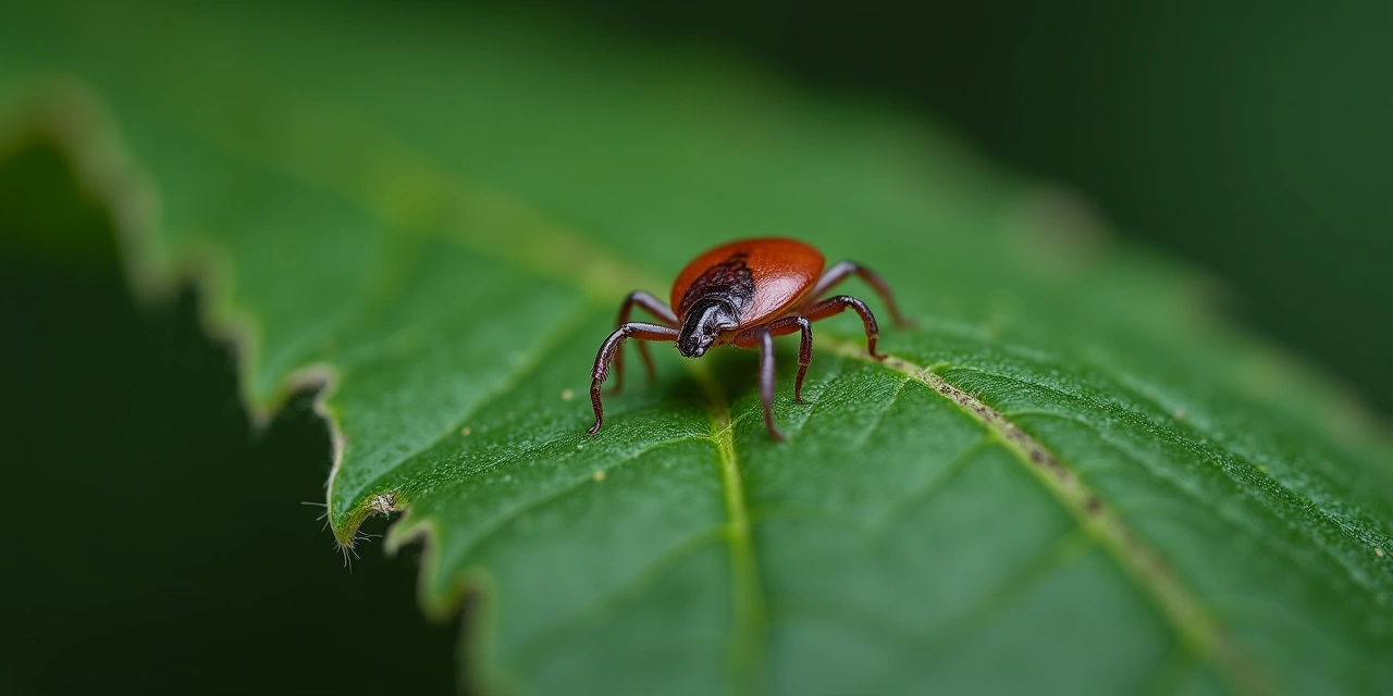 Close-up of a blacklegged deer tick on a green leaf in Westchester County, highlighting 2026 tick season risk for Scarsdale homeowners