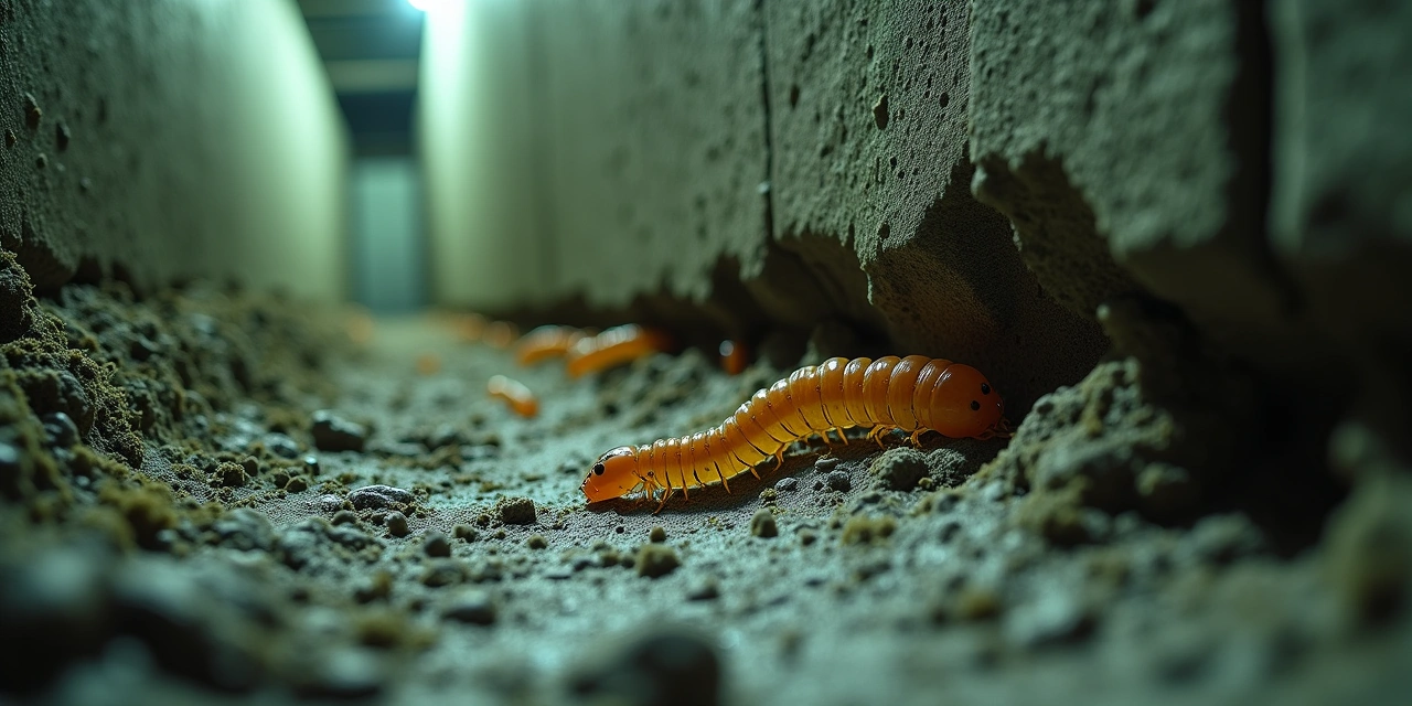 Close up of termite damage indicators including mud tubes and hollowed wood in a Westchester County home