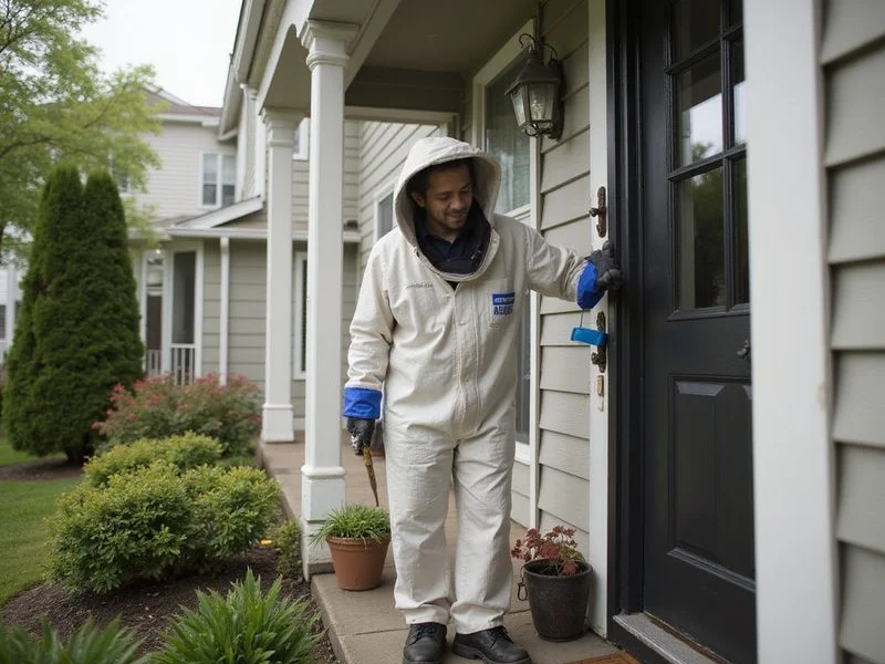 Pest control technician inspecting residential property perimeter for earwig entry points in Scarsdale