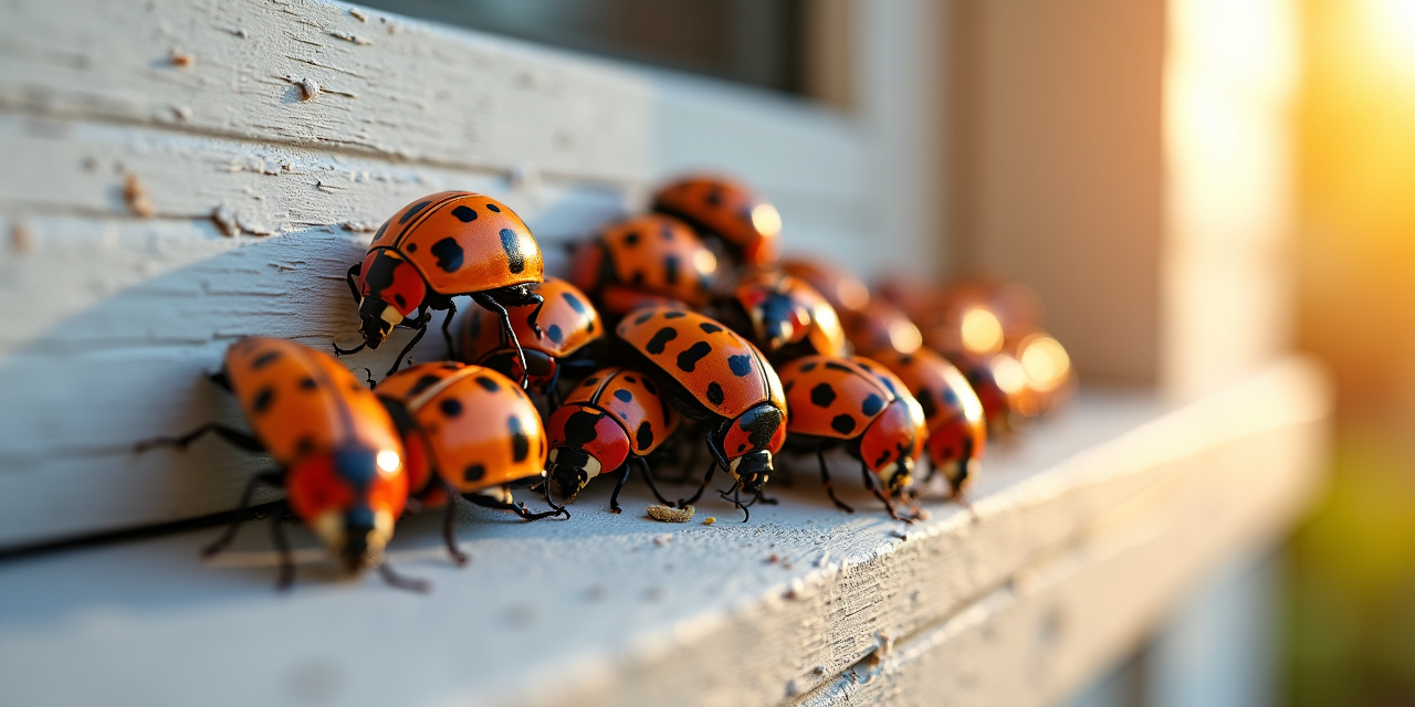 Multicolored Asian lady beetles clustered on a sunlit white window frame of a Westchester home in fall