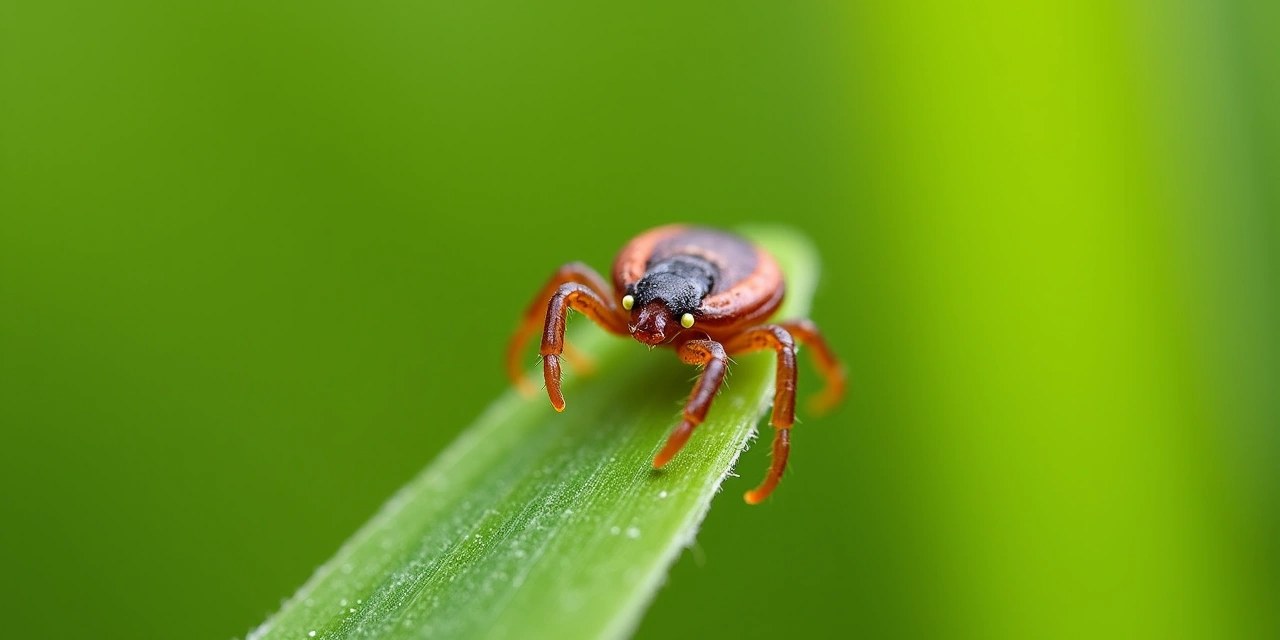 Lone star tick with its distinctive single white dot on a blade of grass at a lawn edge
