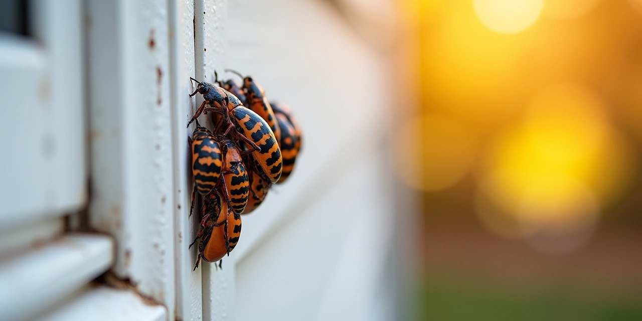 Boxelder bugs clustered on a sunlit windowsill of a Westchester home in early fall