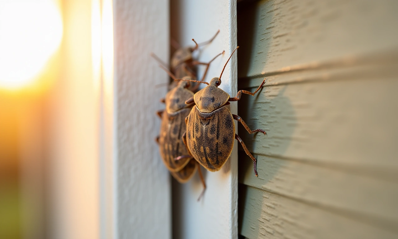 Brown marmorated stink bugs clustered on a sunlit siding gap of a Westchester home in fall