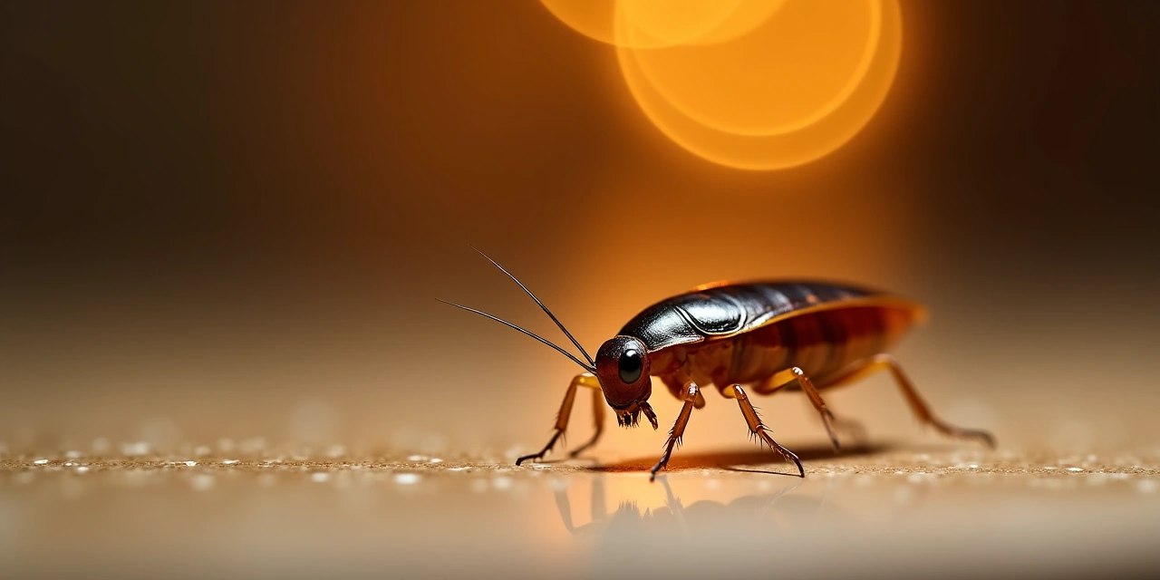 A German cockroach walking past a bait station on a kitchen counter