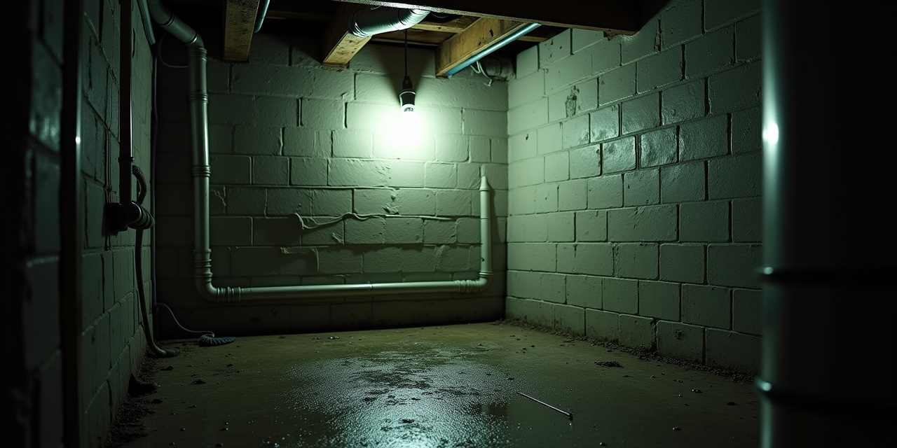 A damp, dimly lit basement corner with condensation on a concrete wall and pipe in a Westchester County home