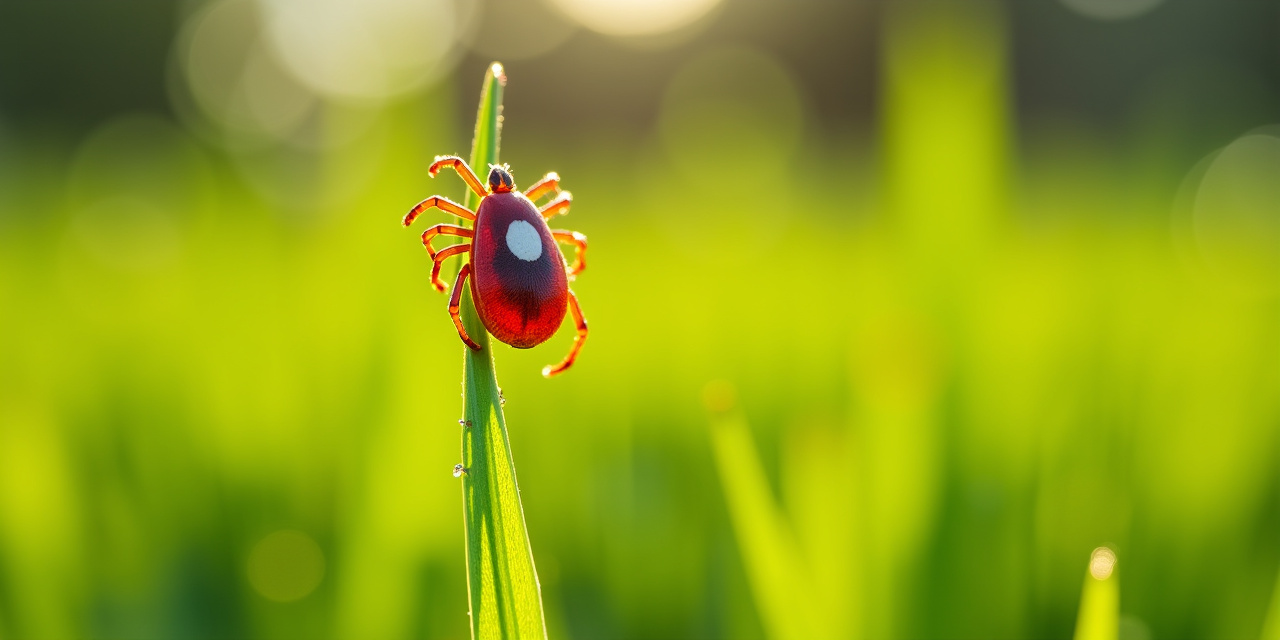 Lone Star tick with its signature white dot on a blade of grass at a Westchester lawn edge