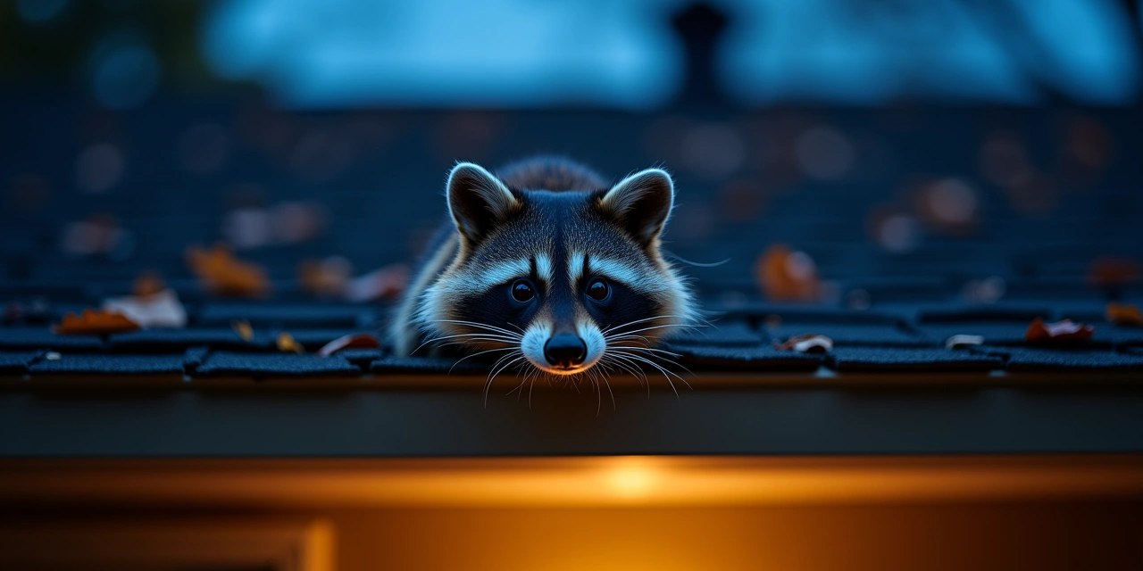 A raccoon peering out from a gap it tore in a suburban home's roof soffit at dusk