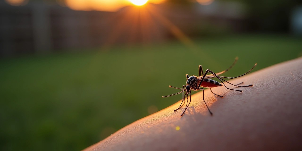 Mosquito landing on skin at dusk in a suburban Westchester County backyard