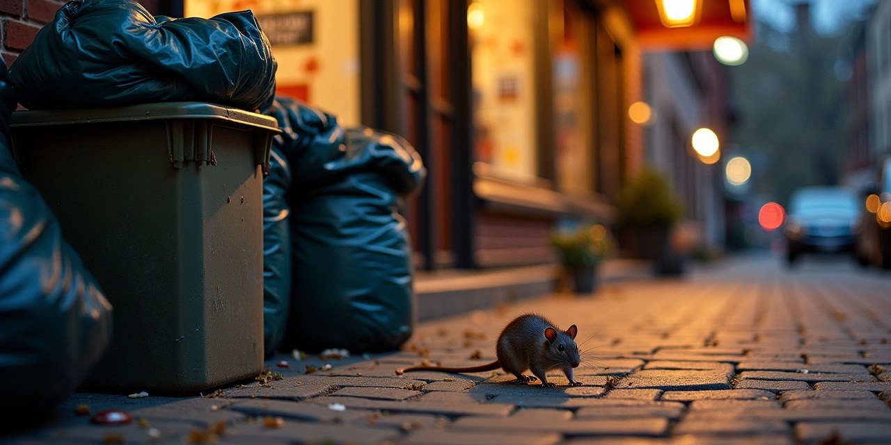 Rat near a trash and dumpster enclosure on a village sidewalk at dusk